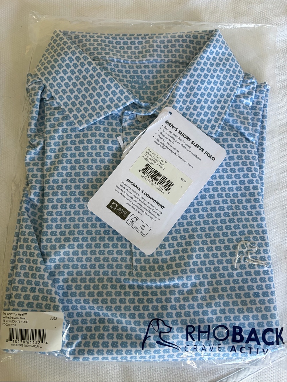 Rhoback Men’s Short Sleeve Polo - Light Blue & White Microprint